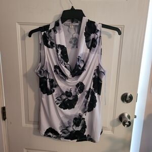 Floral Sleeveless Cowl Neck Top - Black and White